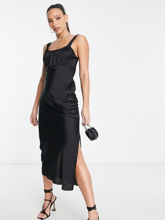 ASOS Dresses & Skirts - ASOS Design Gathered Babydoll Satin MIDI Slip Dress in Black, Size 4, NEW